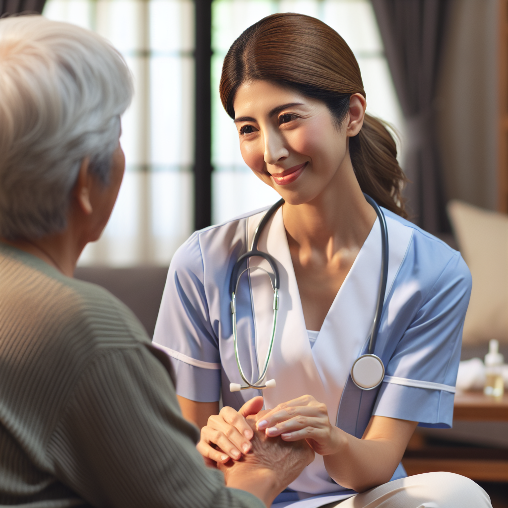 A compassionate home health nurse providing care to an elderly patient in their living room, showcasing warmth and professionalism