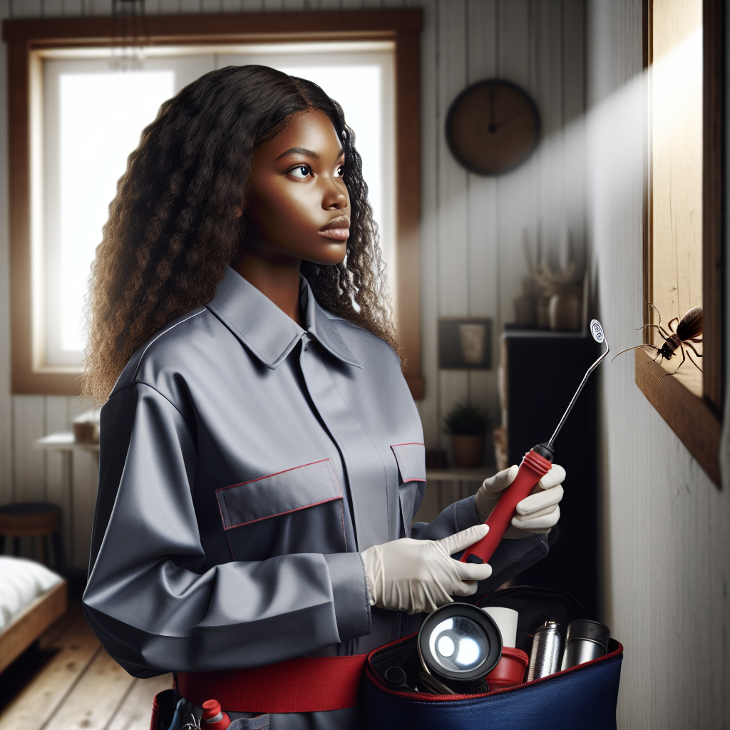 A professional pest control technician inspecting a home for pests with tools in hand