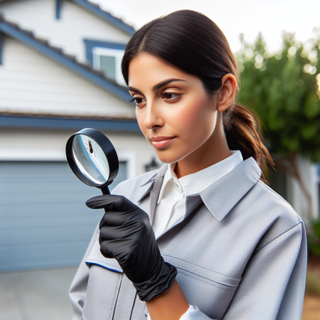 A professional pest control technician inspecting a home for pests with a magnifying glass