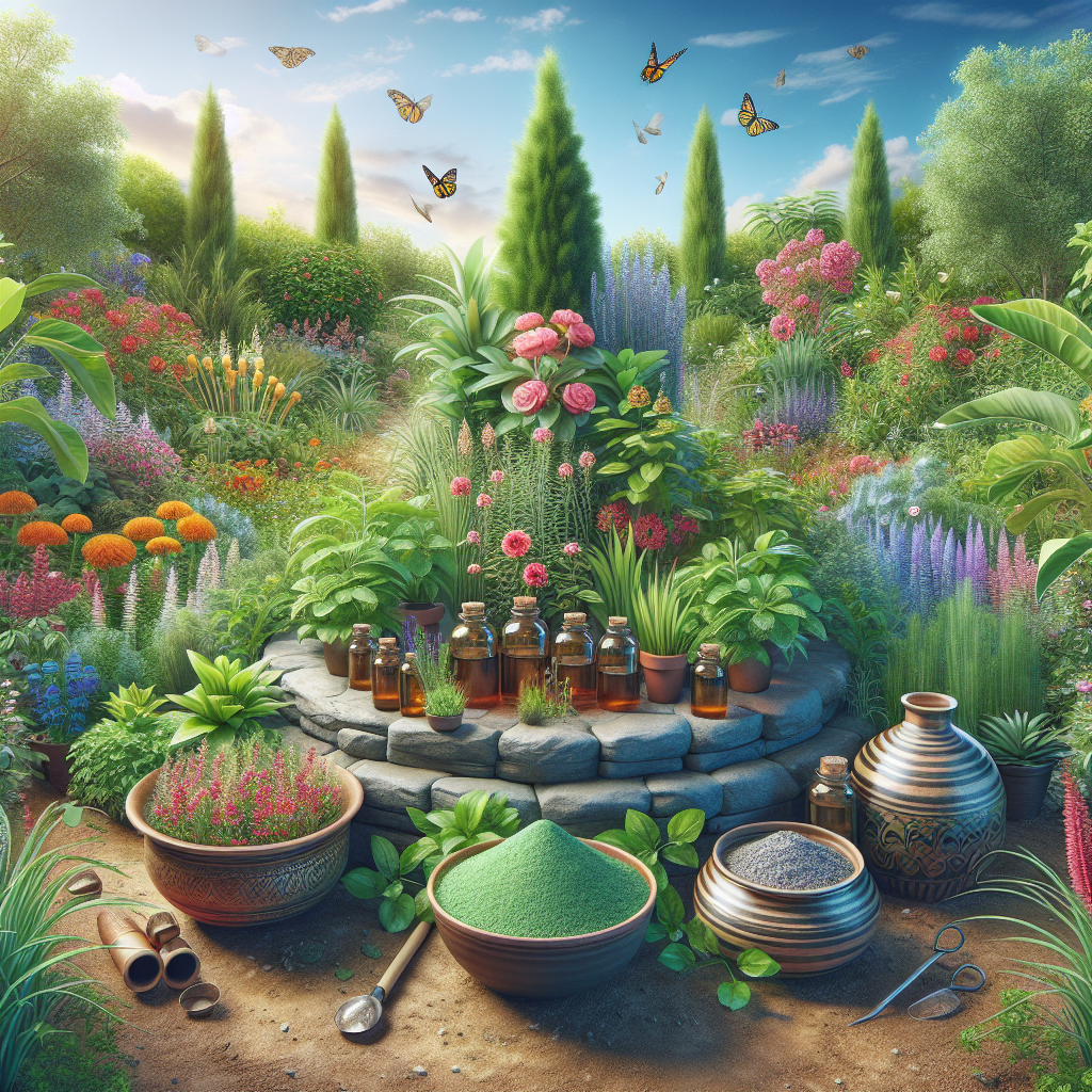 A vibrant garden with various plants and flowers surrounded by natural pest control elements like essential oils and diatomaceous earth