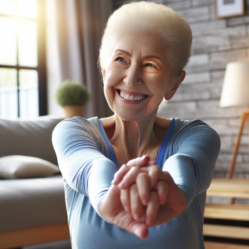 An elderly person smiling while doing stretching exercises in a sunlit living room