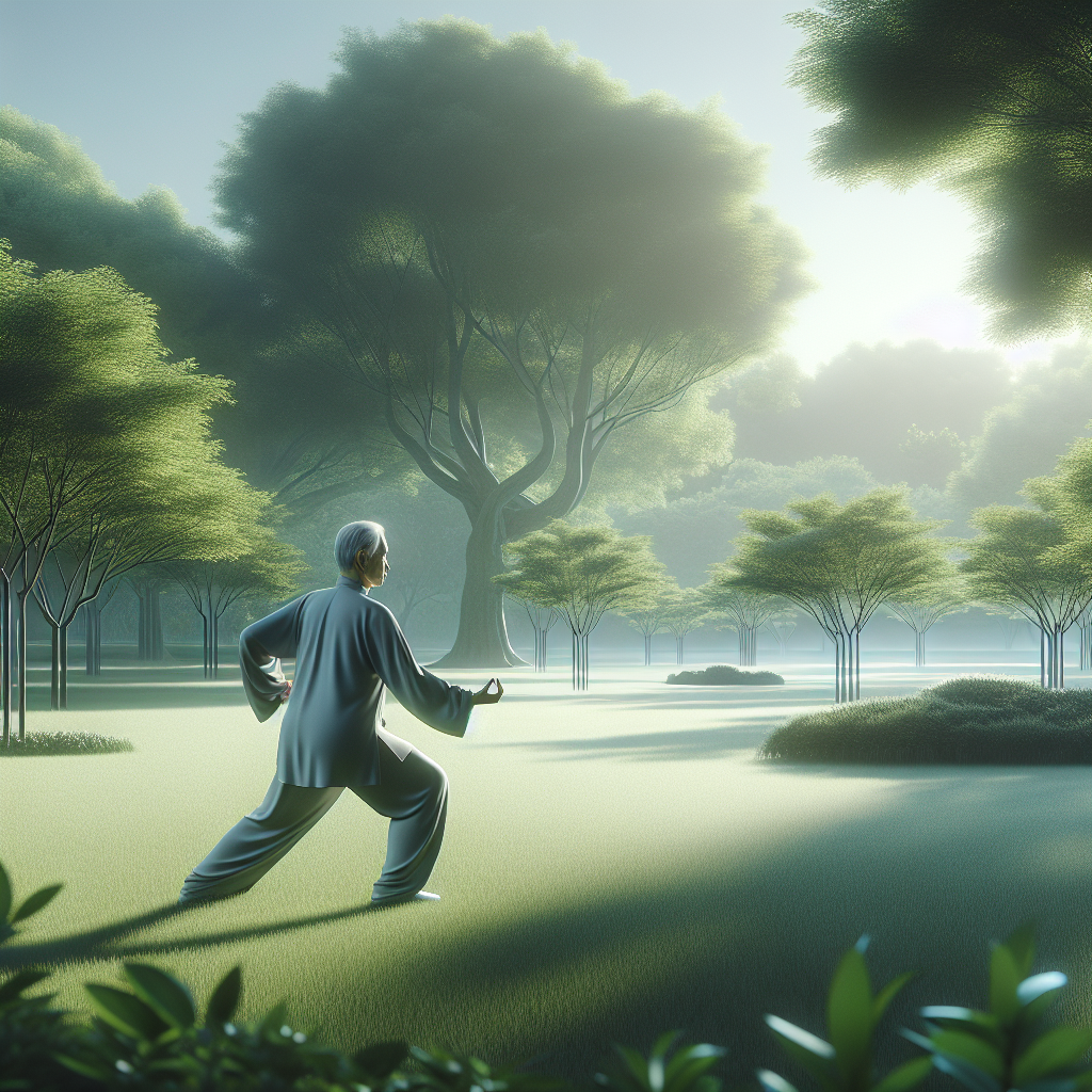 An elderly person practicing Tai Chi in a serene park setting