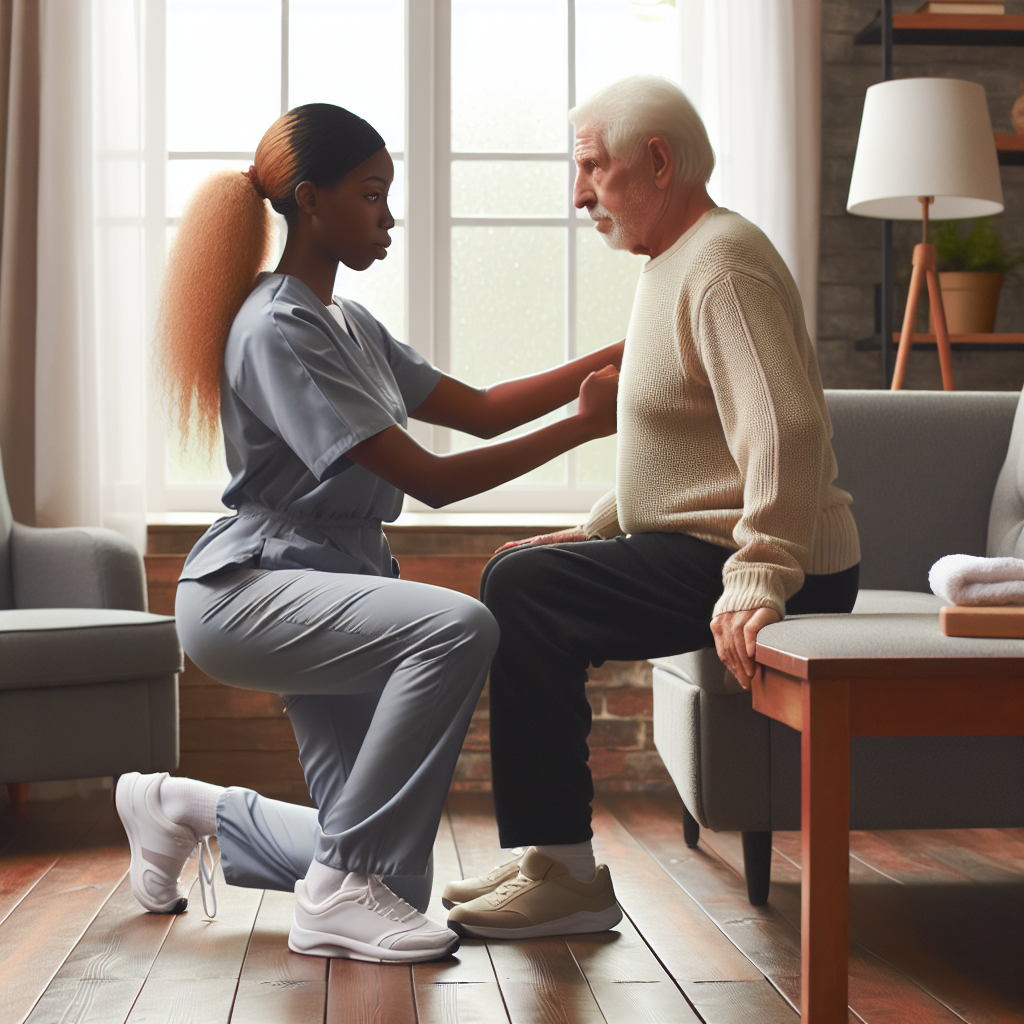A caregiver assisting an elderly person with mobility exercises at home, showcasing various gentle movements and stretches in a warm living room setting.