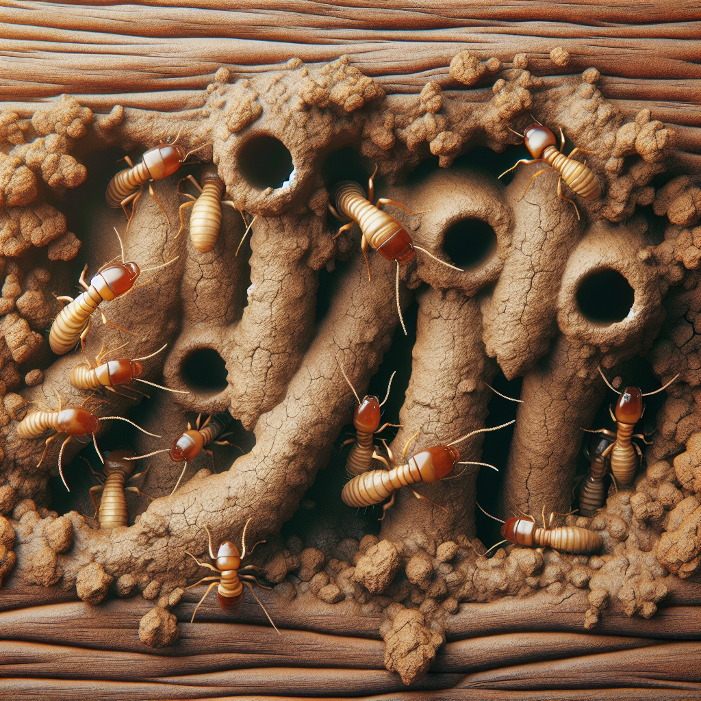 A close-up view of mud tubes on a wooden wall indicating termite activity