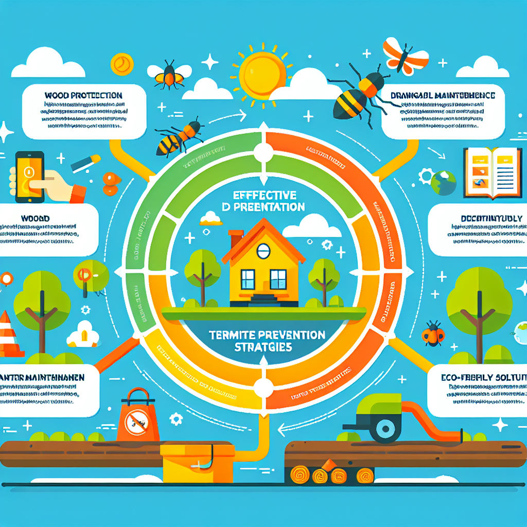 A vibrant infographic illustrating effective termite prevention strategies including wood protection techniques, drainage maintenance, and eco-friendly solutions.