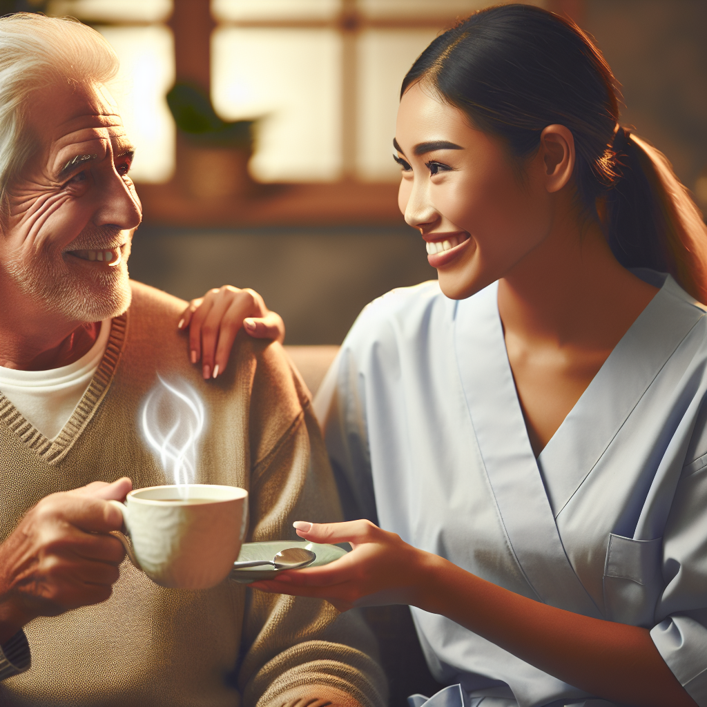 An elderly person enjoying tea with a cheerful companion caregiver at home