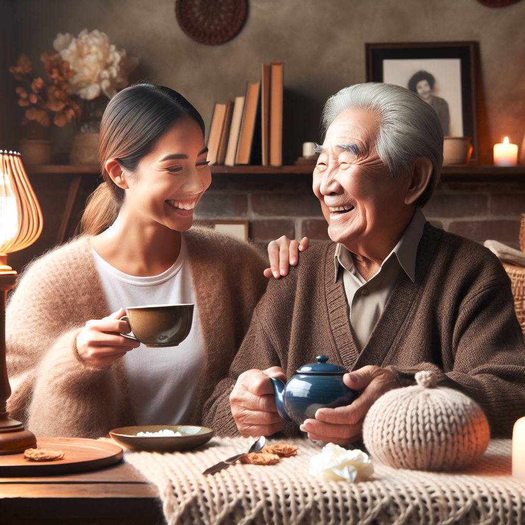 A warm and inviting scene showing an elderly person enjoying tea with their companion caregiver, surrounded by cozy home decor
