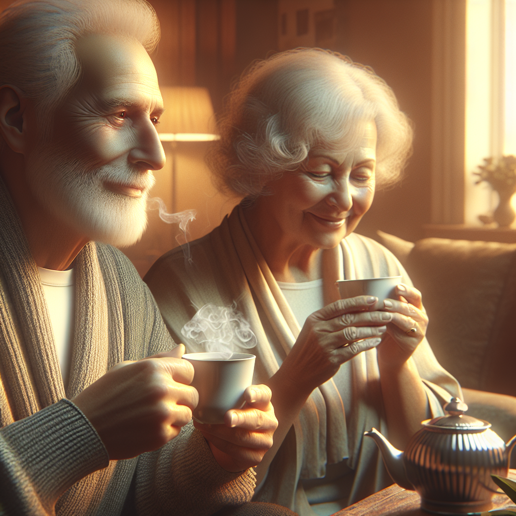 An elderly person enjoying tea with a companion in a cozy living room setting