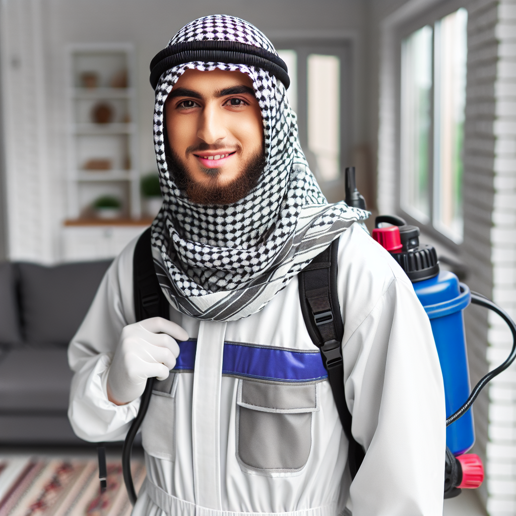 A friendly local pest control technician inspecting a home for pests
