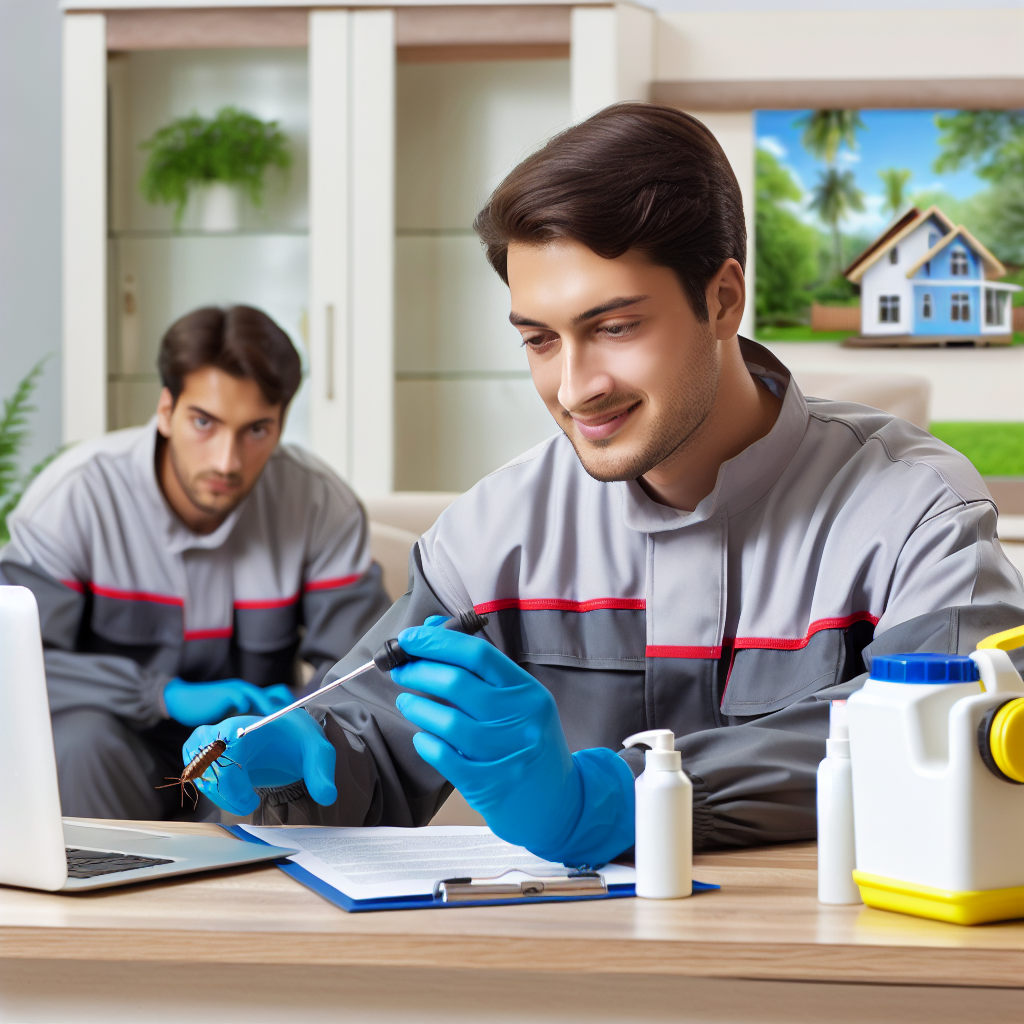 A professional pest control technician inspecting a home with eco-friendly products