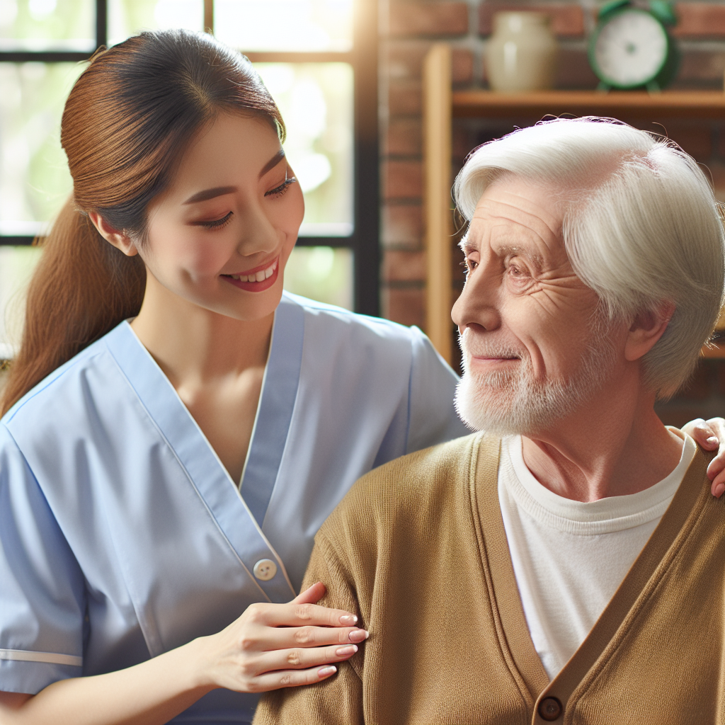 A warm home setting with a caregiver assisting an elderly person in daily activities