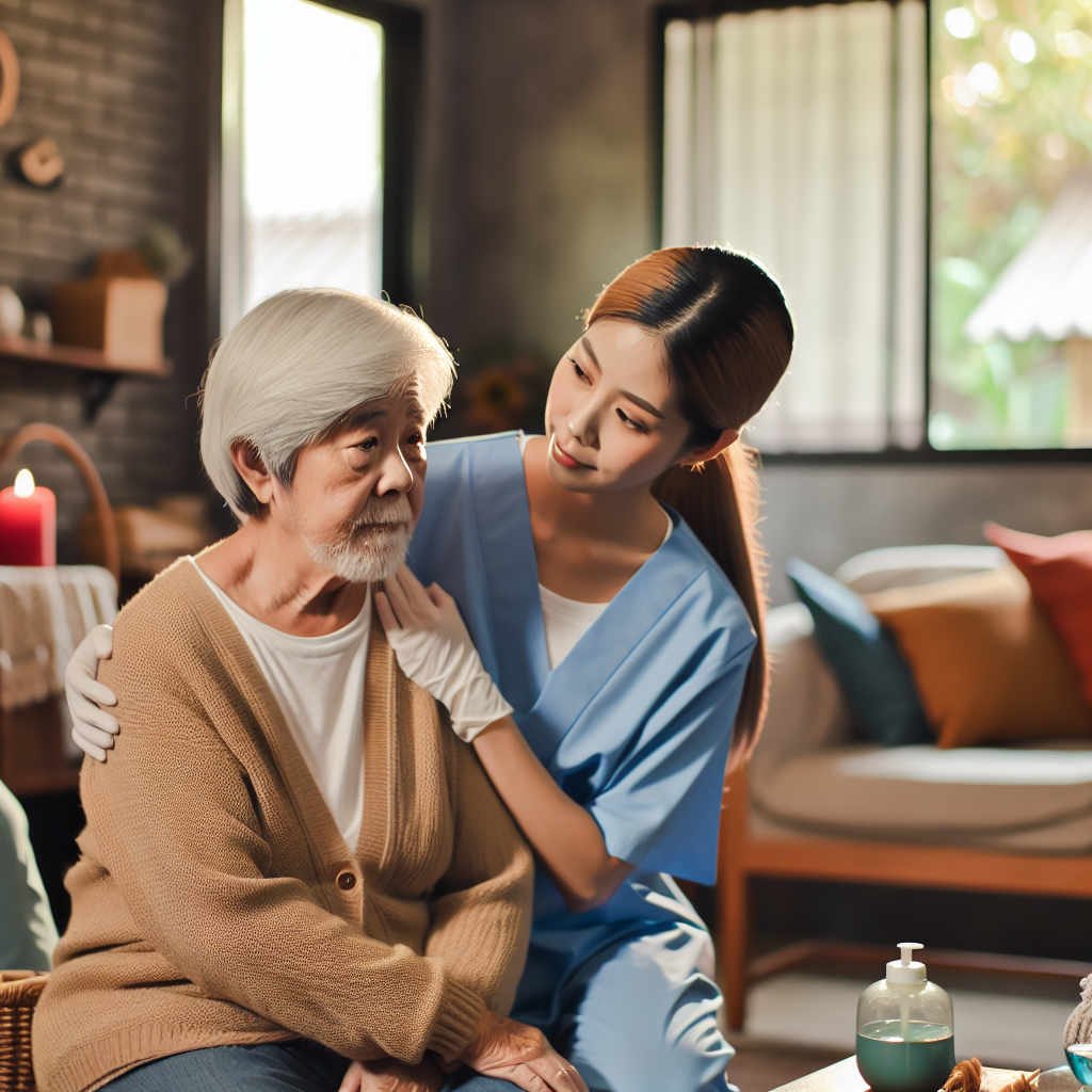 A warm and inviting home environment with a caregiver assisting an elderly person