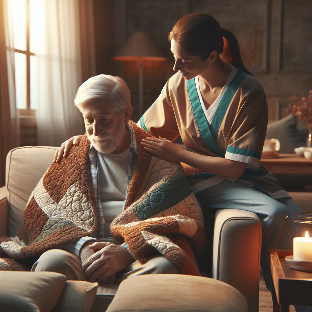 A warm and inviting living room scene with an elderly person sitting comfortably in an armchair while a caregiver assists them gently