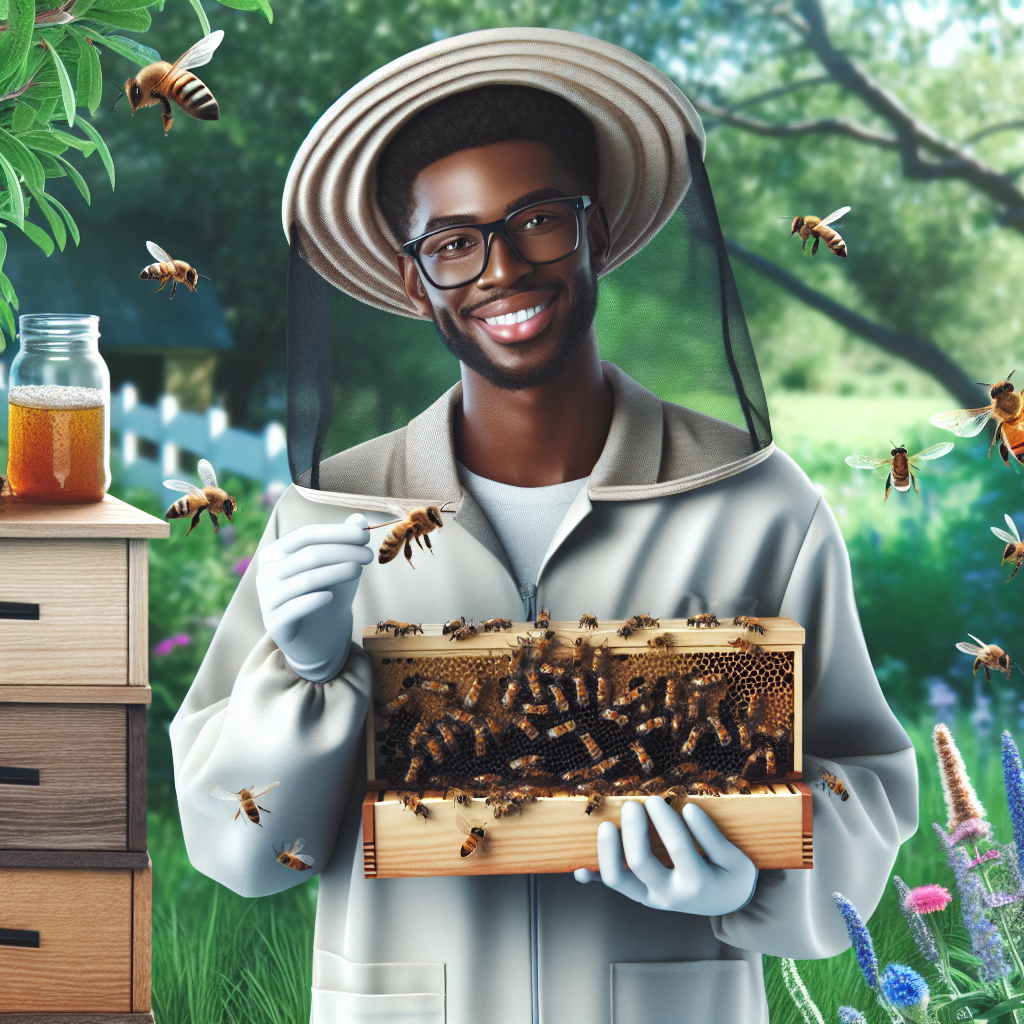 A cheerful beekeeper gently handling bees with a hive in a garden setting