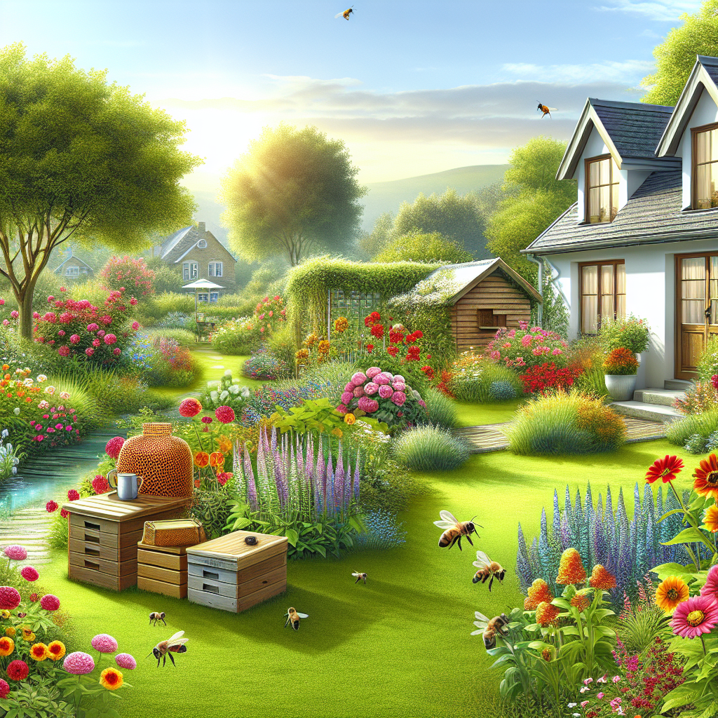A peaceful suburban garden with bees buzzing around colorful flowers and a small beehive nearby