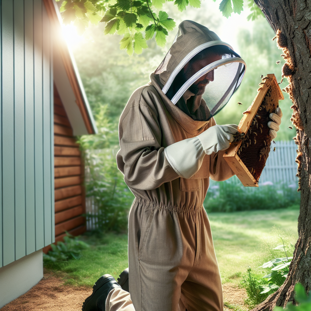 A professional pest control technician carefully removing a honeybee hive from a residential property using eco-friendly methods