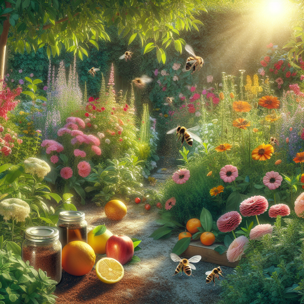 A vibrant garden with various flowers and plants, showcasing natural bee deterrents like citrus fruits and coffee grounds scattered around.