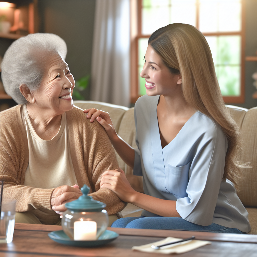 A warm and inviting living room setting with an elderly person enjoying time with a caregiver, both smiling and engaging in conversation