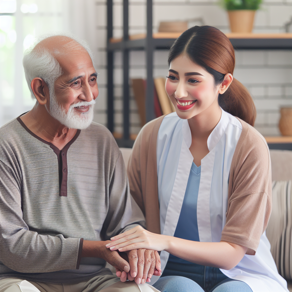 A warm-hearted caregiver assisting an elderly person in their cozy home environment