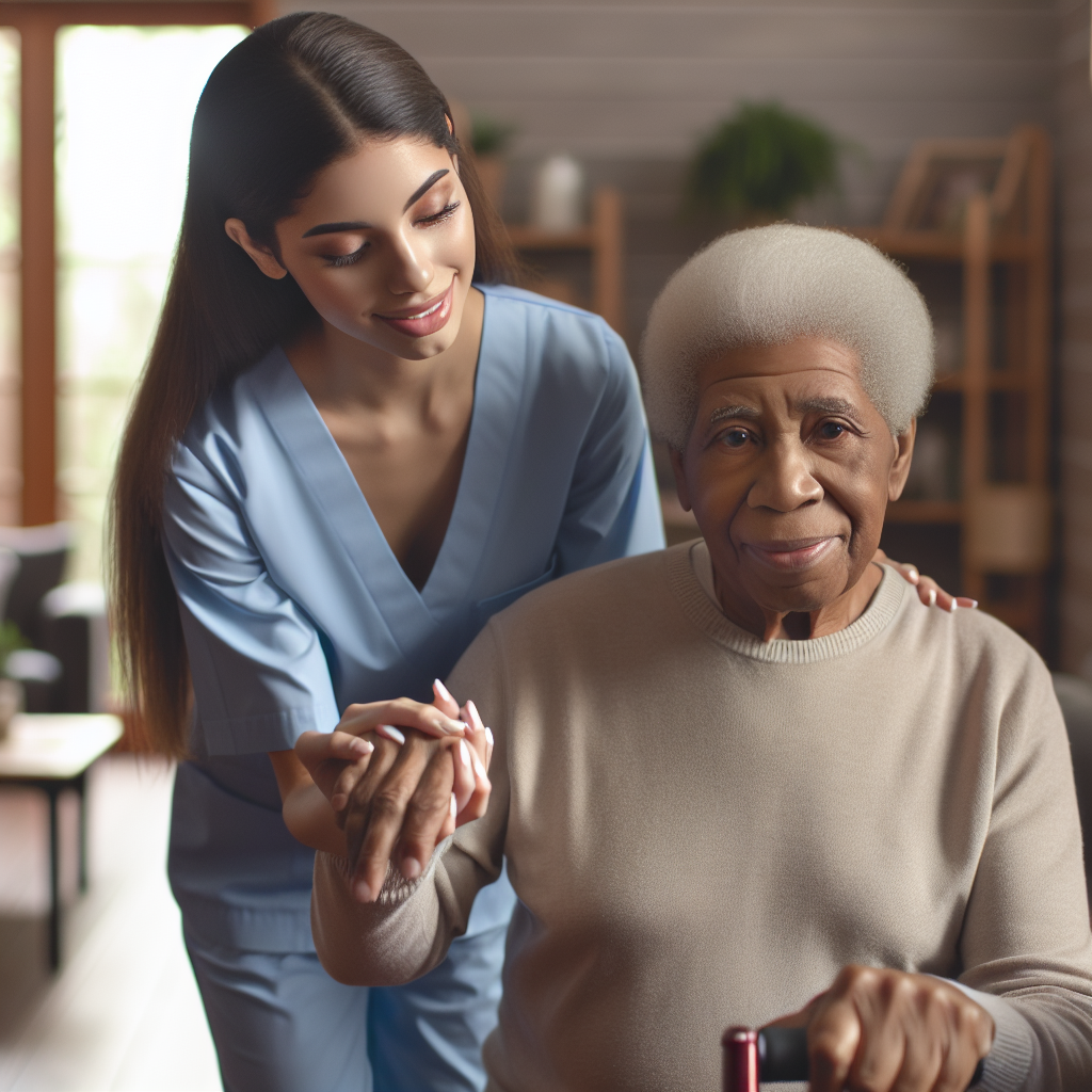 A warm-hearted caregiver assisting an elderly person in their home, showcasing personalized care plans
