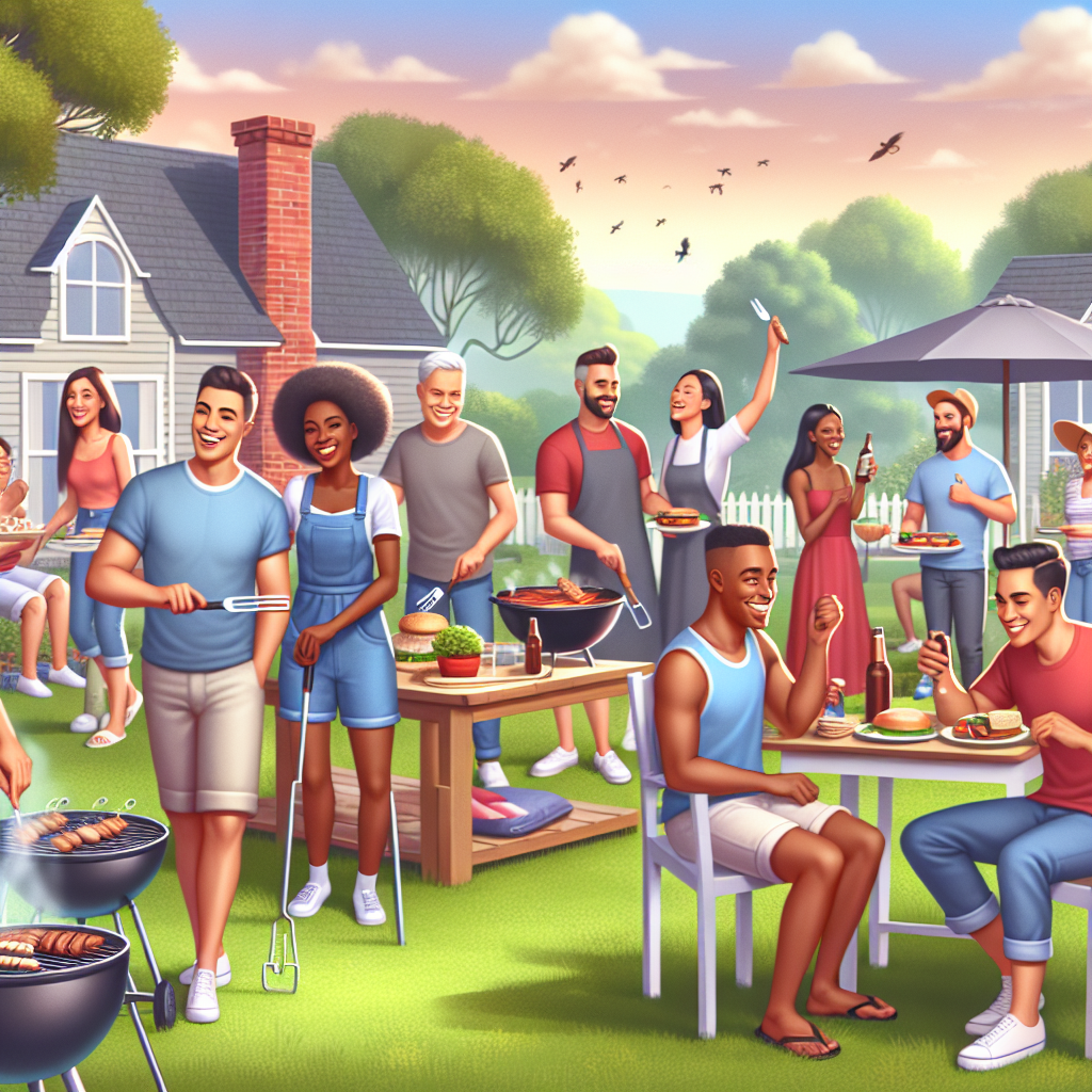 A serene backyard setting with people enjoying a barbecue while using mosquito repellents
