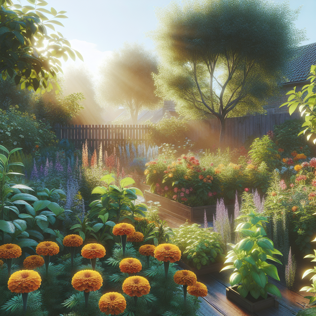 A vibrant backyard garden filled with anti-mosquito plants like marigolds, basil, and lemon balm under bright sunlight