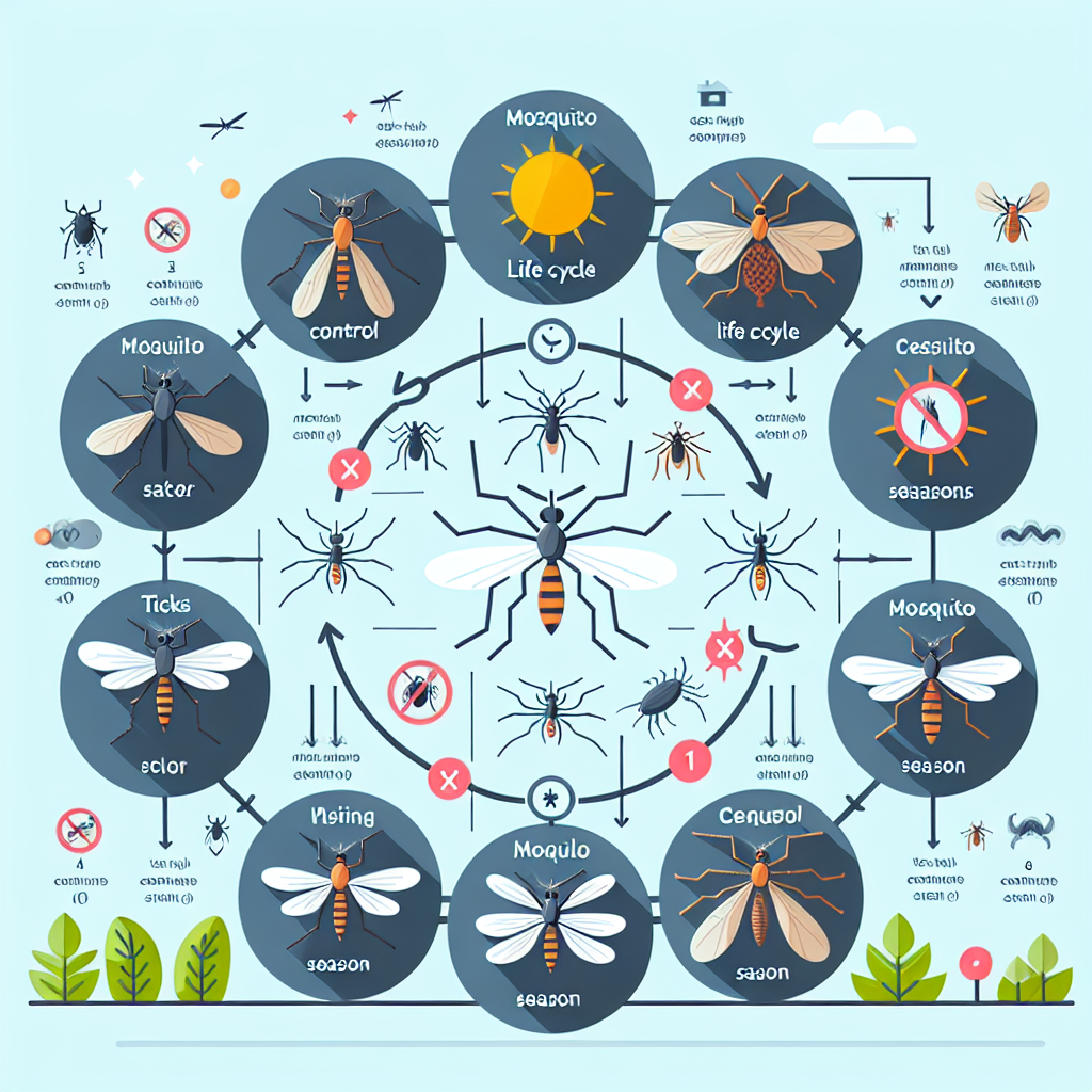 A seasonal chart illustrating mosquito lifecycle stages and control strategies across different seasons with visuals of mosquitoes and ticks