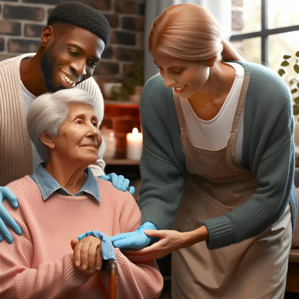 A caring caregiver assisting an elderly person in a cozy home setting, showcasing warmth and compassion