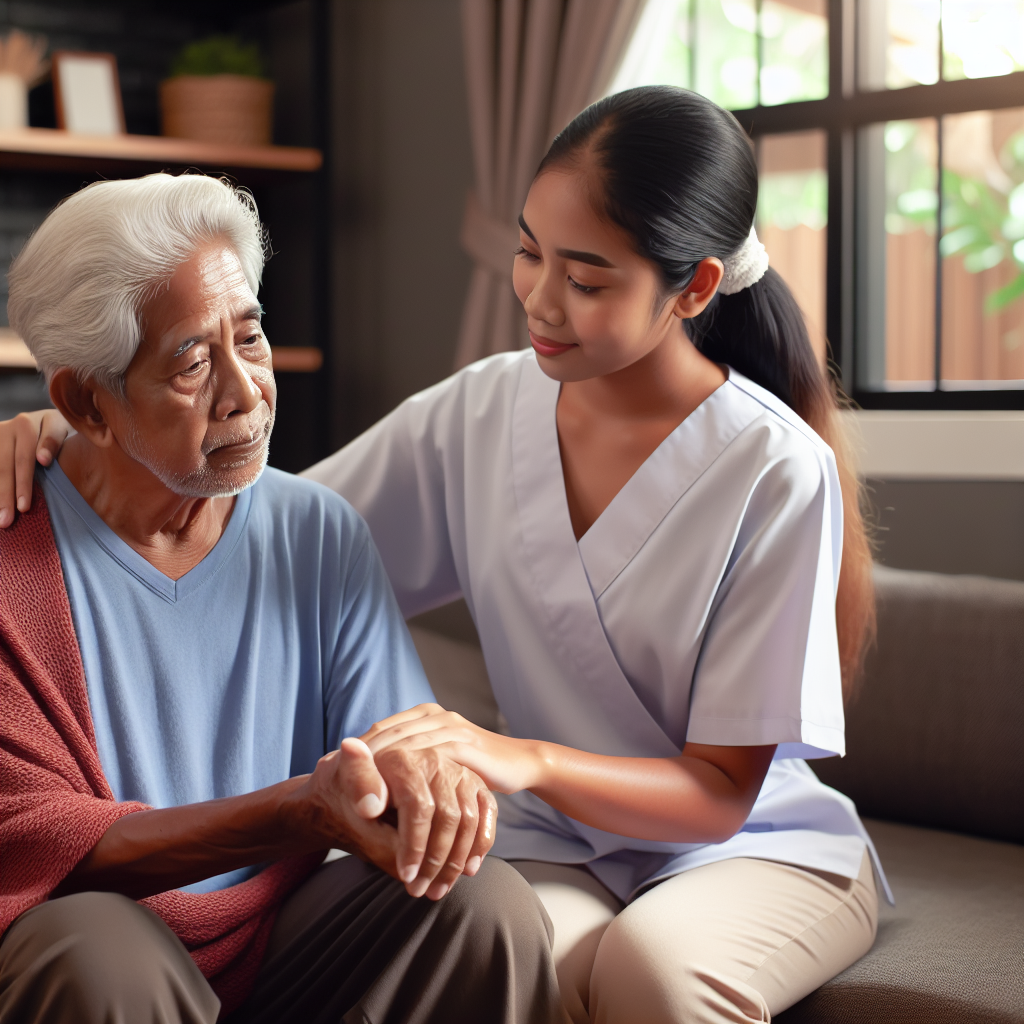 An elderly person receiving compassionate care at home from a caregiver, showcasing a warm and supportive environment