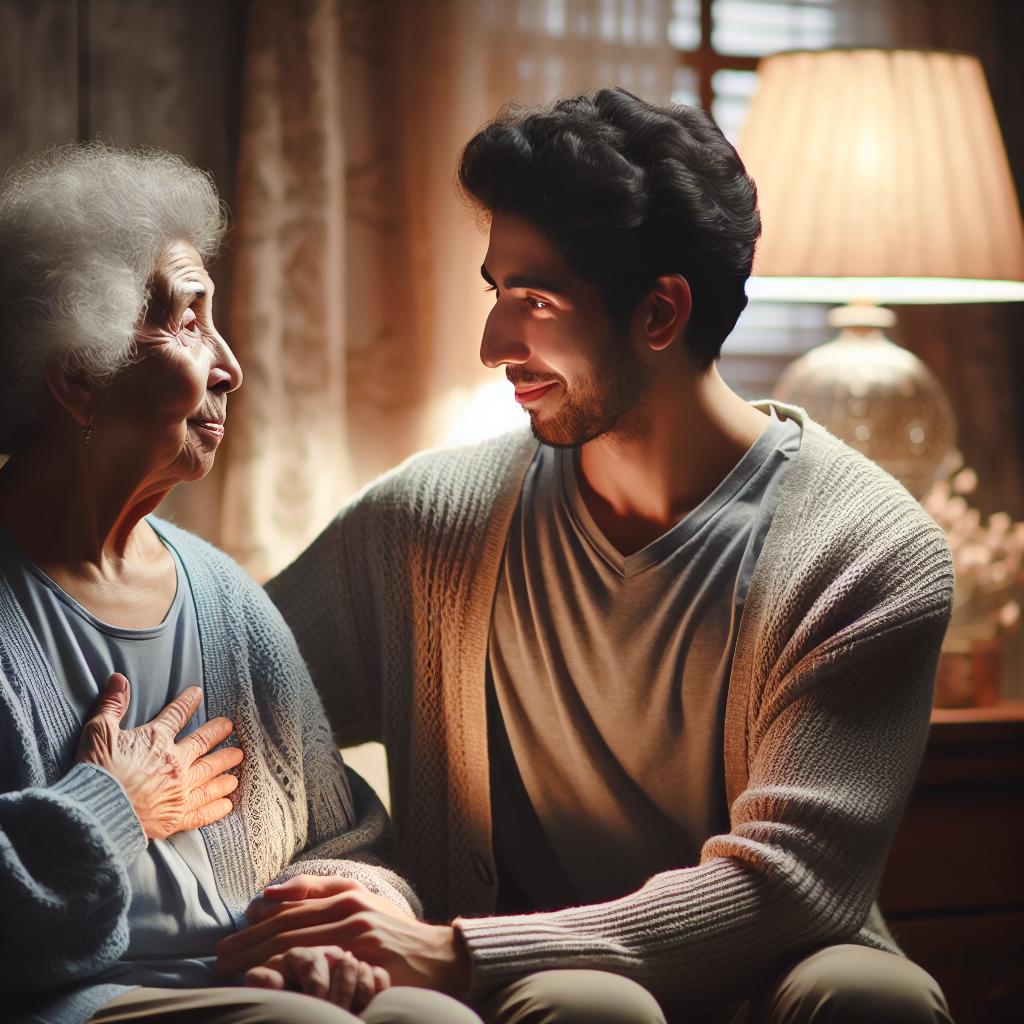 A warm interaction between an elderly person and their caregiver at home, showcasing compassion and connection.
