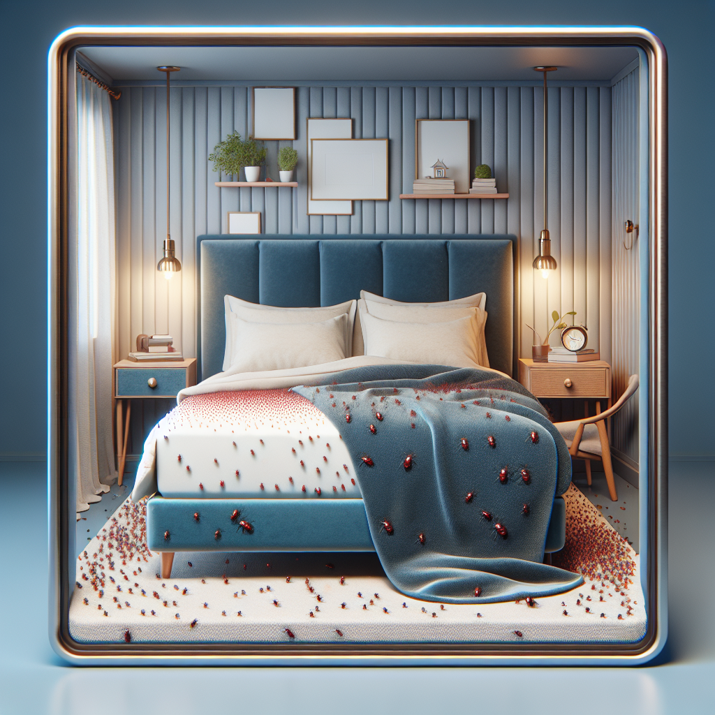 A cozy bedroom showing signs of a <a href='https://www.bugzbugme.com/pest-control-services/bed-bugs-control/'>bed bug infestation</a> with small red spots on bedding and mattress