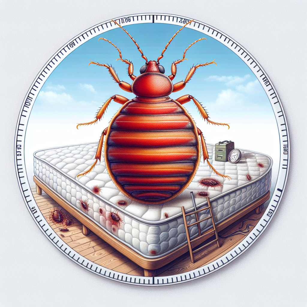 A close-up illustration of a bed bug on a mattress with signs of infestation around it