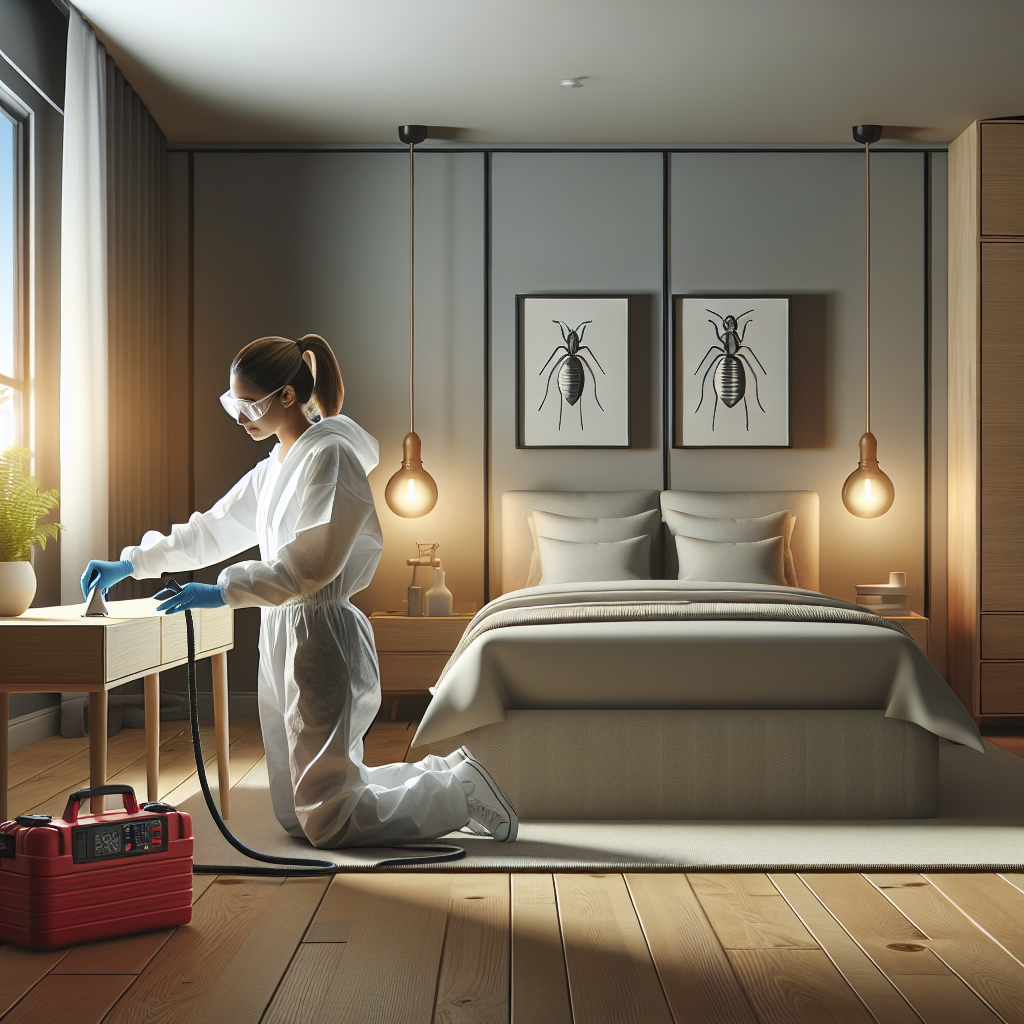 A technician performing heat treatment on furniture in a modern bedroom