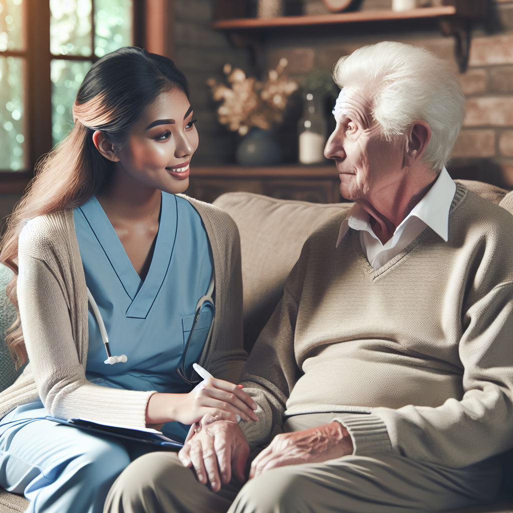 A warm and inviting scene showing a companion aide engaging with an elderly person in a cozy home setting, showcasing companionship and care.