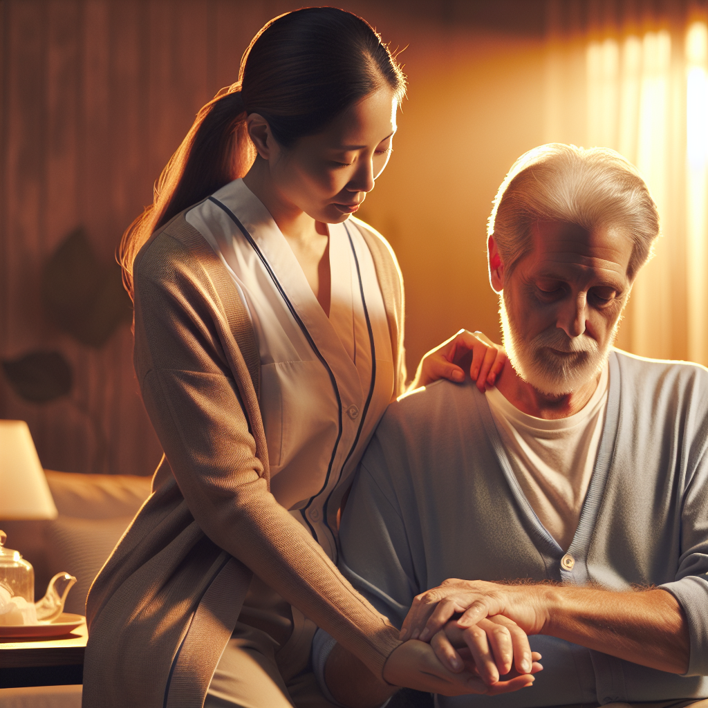 A friendly companion aide assisting an elderly person with daily activities at home
