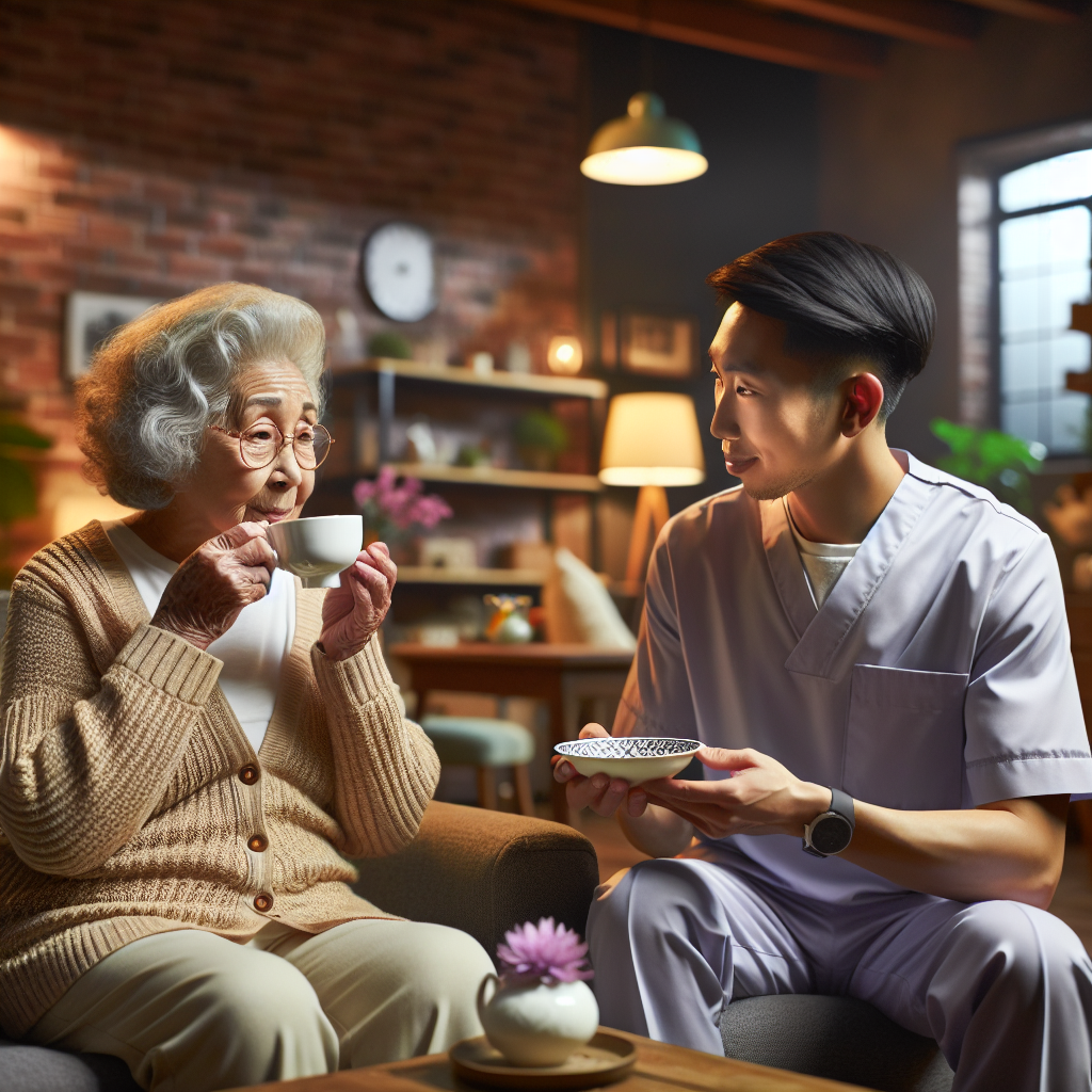 A warm-hearted scene showing an elderly person enjoying tea with a companion aide in a cozy living room