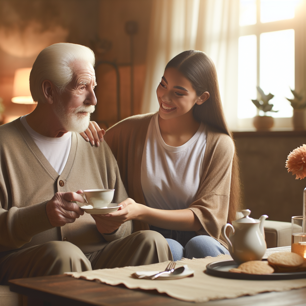 A warm scene depicting an elderly person enjoying tea with their companion aide in a cozy living room setting.