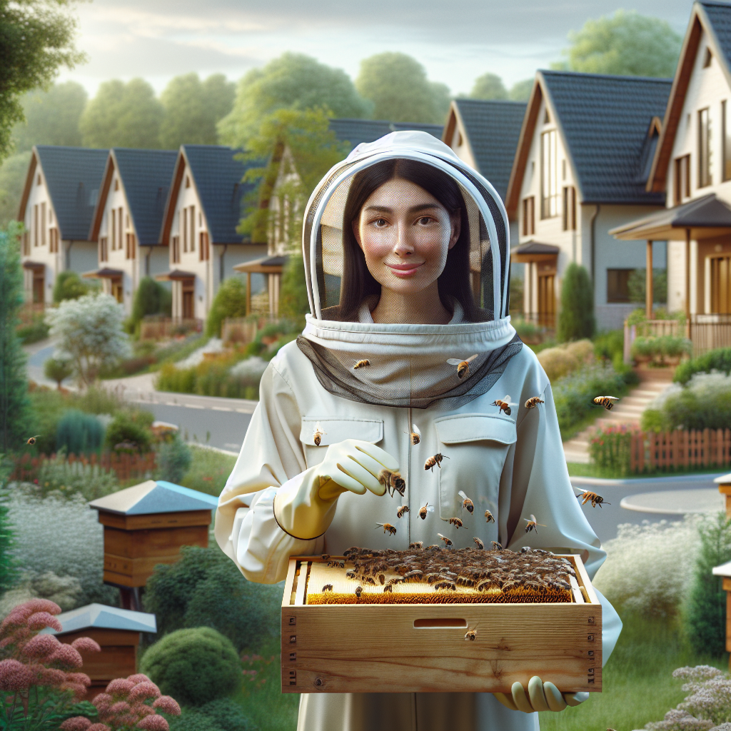 A friendly beekeeper gently relocating a beehive from a residential area, showcasing humane bee management practices