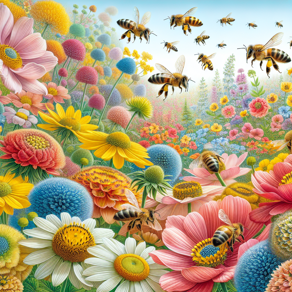 A vibrant garden filled with various flowering plants being pollinated by busy honeybees