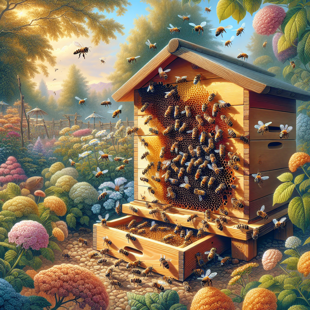 A close-up view of bees buzzing around their hive in a garden setting