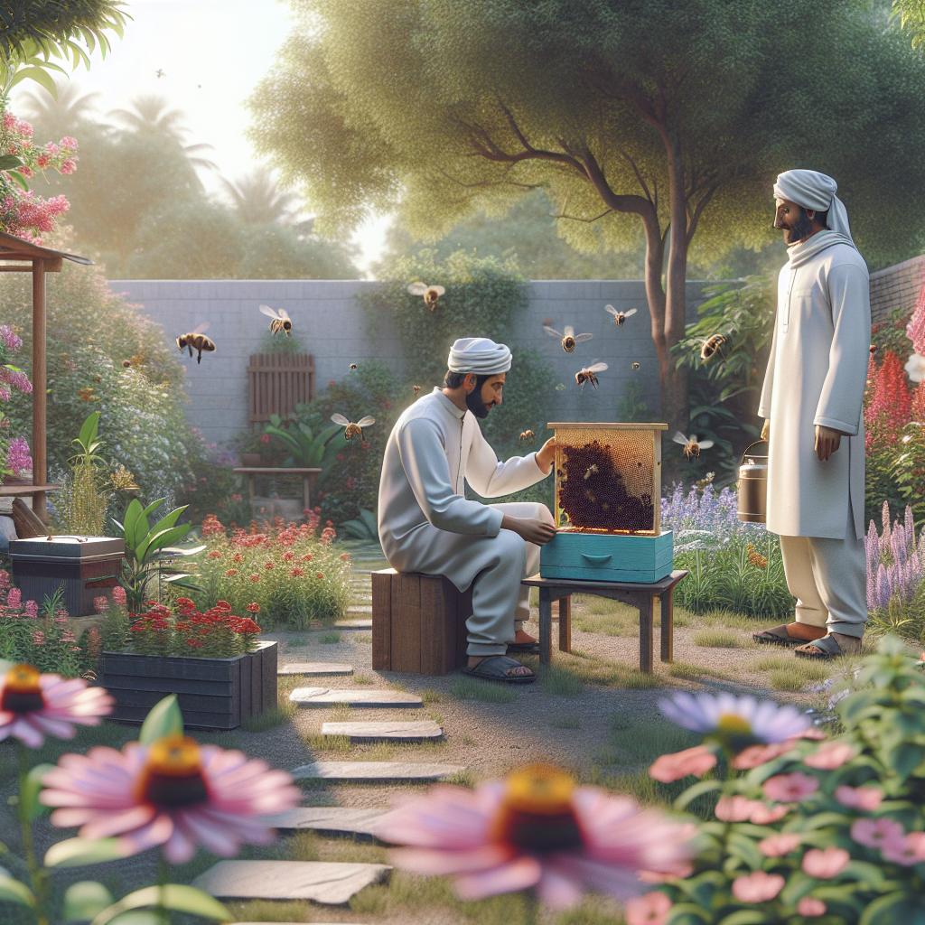 A serene backyard with a professional humanely relocating a beehive while surrounded by flowers