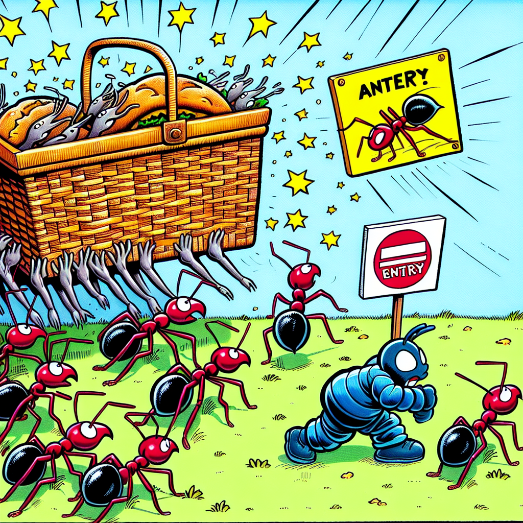 A humorous cartoon illustration showing ants marching towards a picnic basket with a 'No Entry' sign