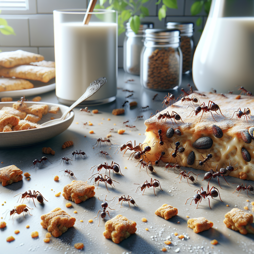 A close-up view of various types of ants on a kitchen counter with food crumbs
