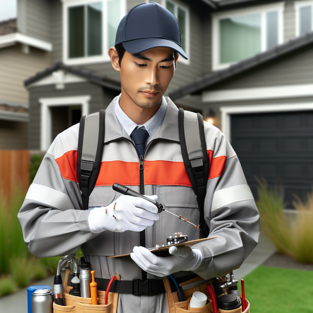 A professional pest control technician inspecting a home for ants with eco-friendly products