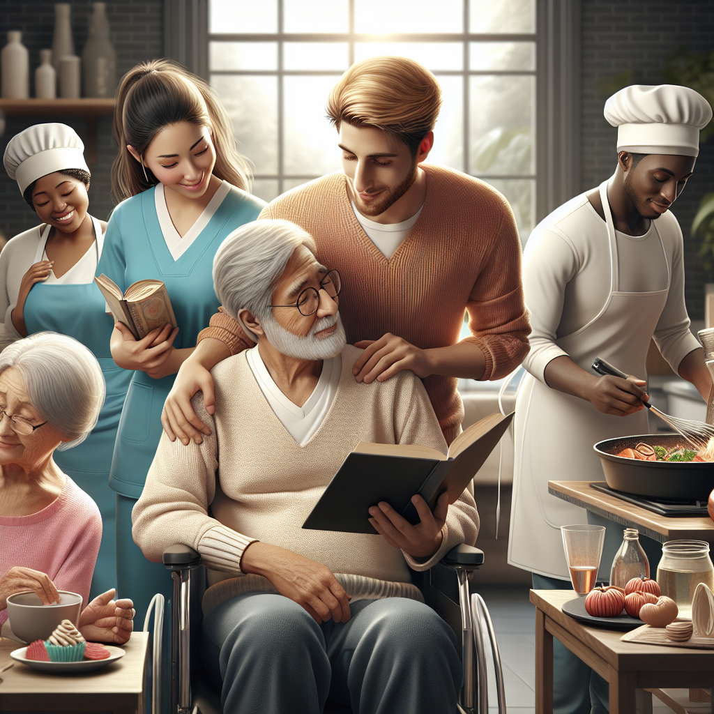 A warm and inviting scene showing caregivers assisting seniors at home with various activities like reading, cooking, and companionship