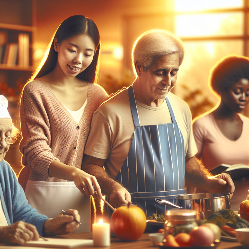 A vibrant illustration of diverse caregivers assisting seniors at home in various activities like cooking, reading, and exercising