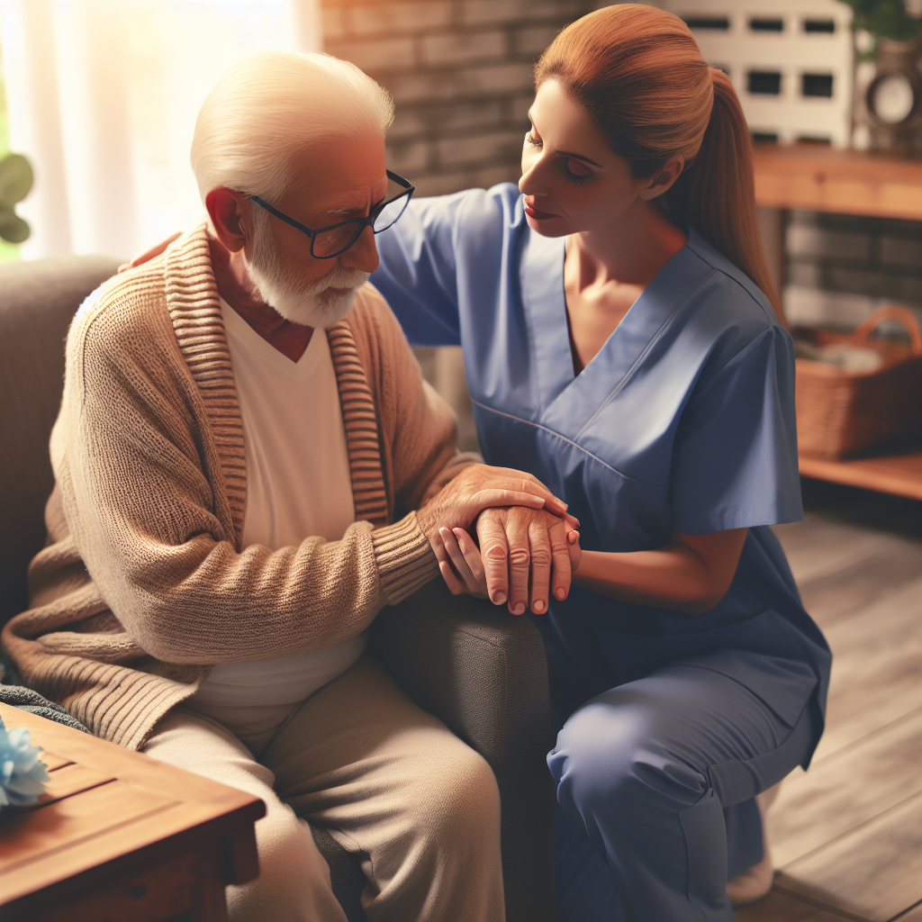 An engaging scene of a caregiver assisting an elderly person at home