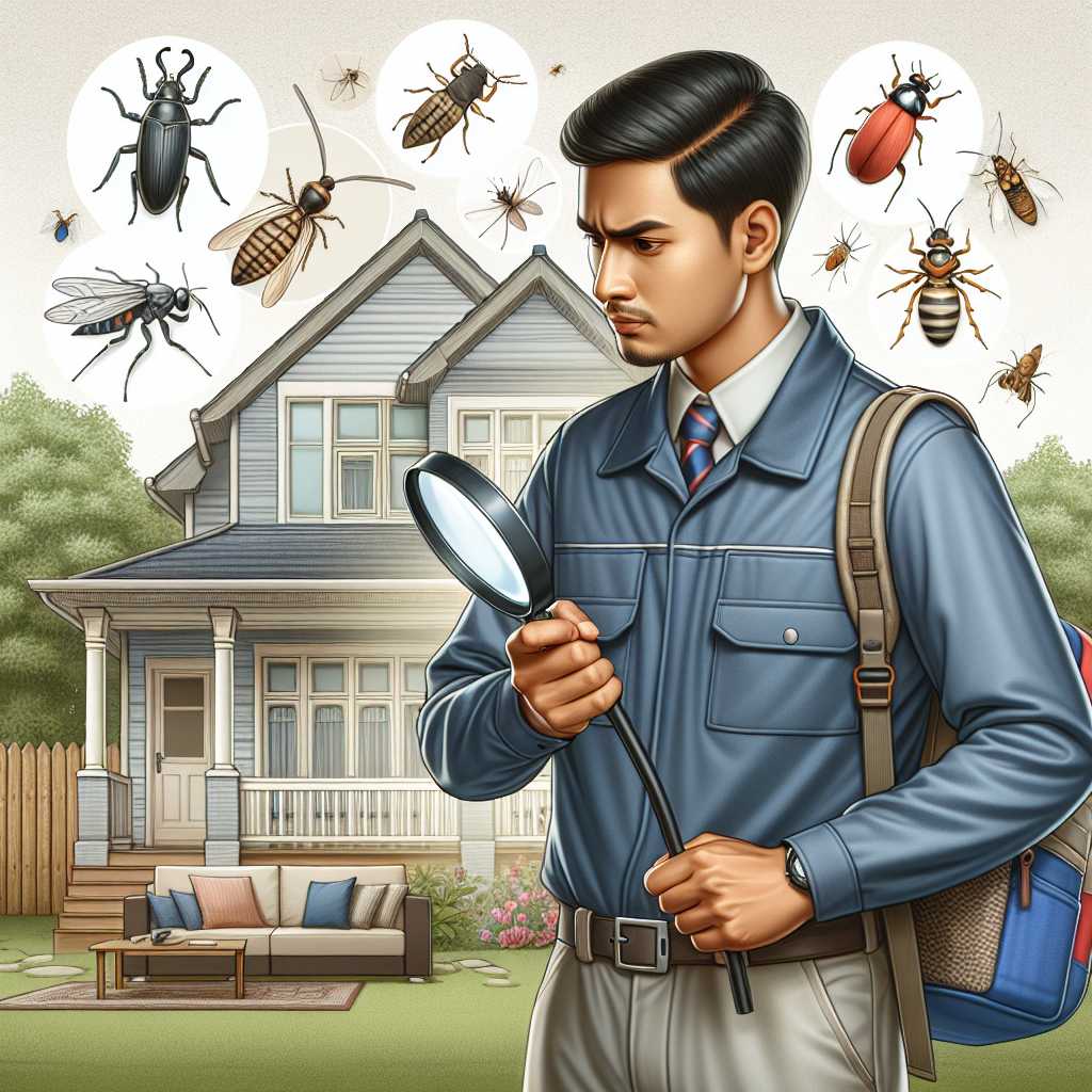 A friendly exterminator inspecting a home for pests with various insects illustrated around