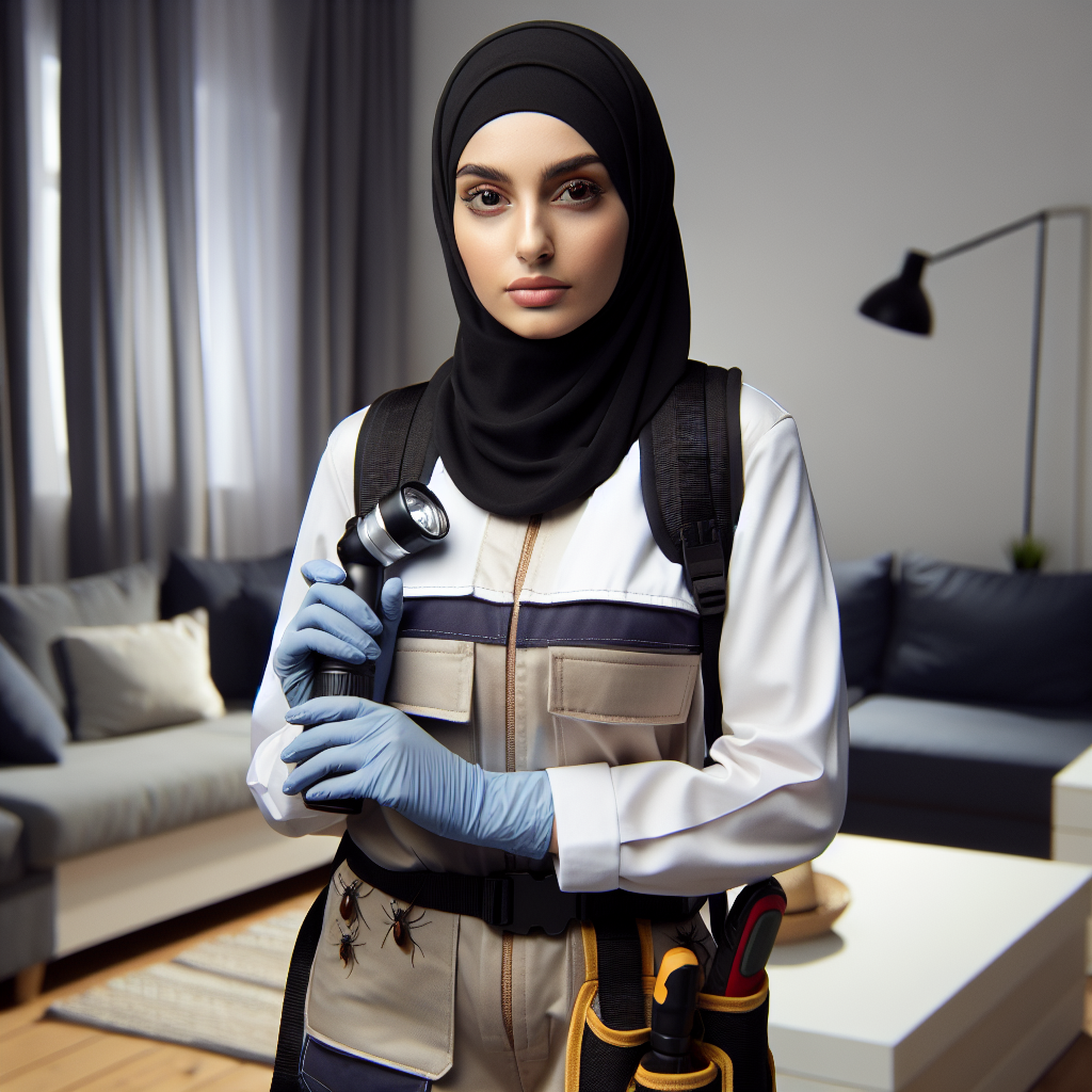 A professional pest control technician inspecting a home for pests with tools in hand