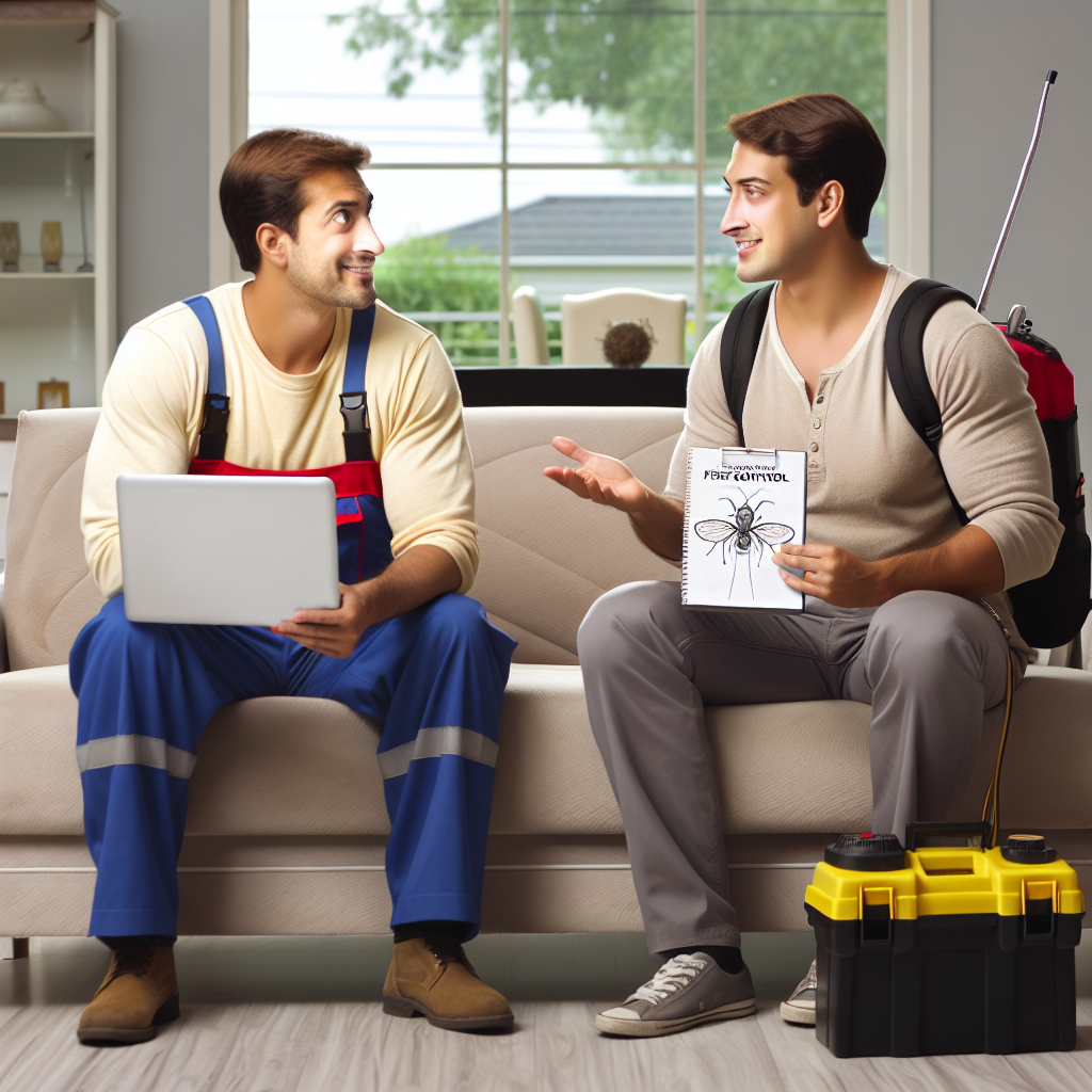 A friendly local exterminator discussing pest control options with a homeowner in their living room